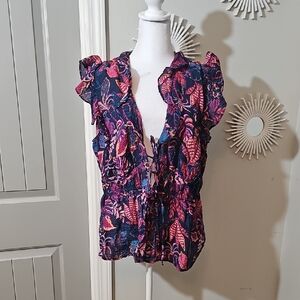 Torrid Pink and Blue Floral Ruffle Blouse